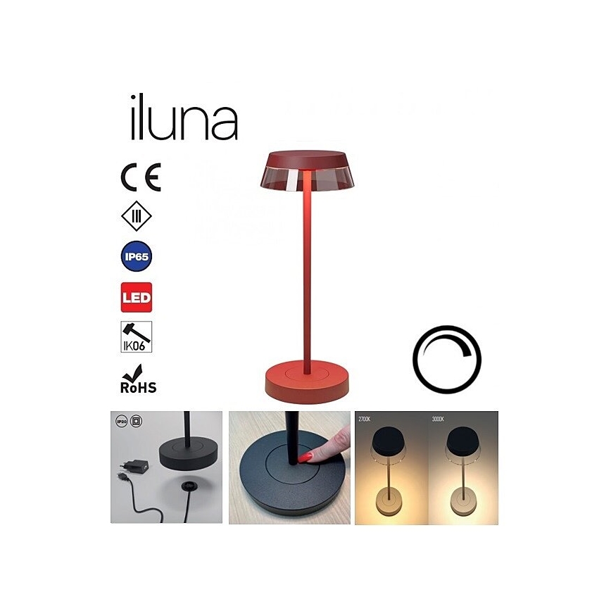 Redo 90311- Lampe de table tactile à intensité variable ILUNA LED/2,5W/5V 2700-3000K 3000 mAh IP65 rouge
