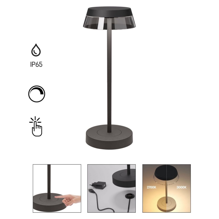 Redo 90312 - Lampe de table tactile LED à intensité variable ILUNA LED/2,5W/5V 2700-3000K 3000 mAh IP65 noir