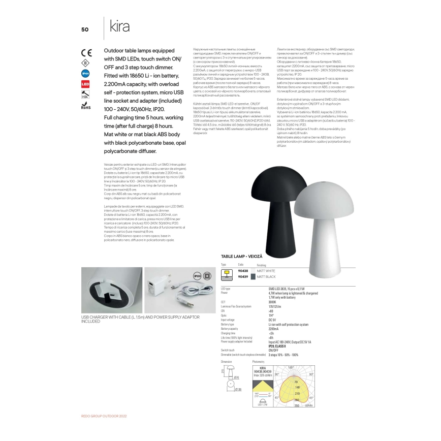 Redo 90439 - Lampe LED extérieure tactile dimmable KIRA LED/4,7W/230V 2200 mAh IP44 noire