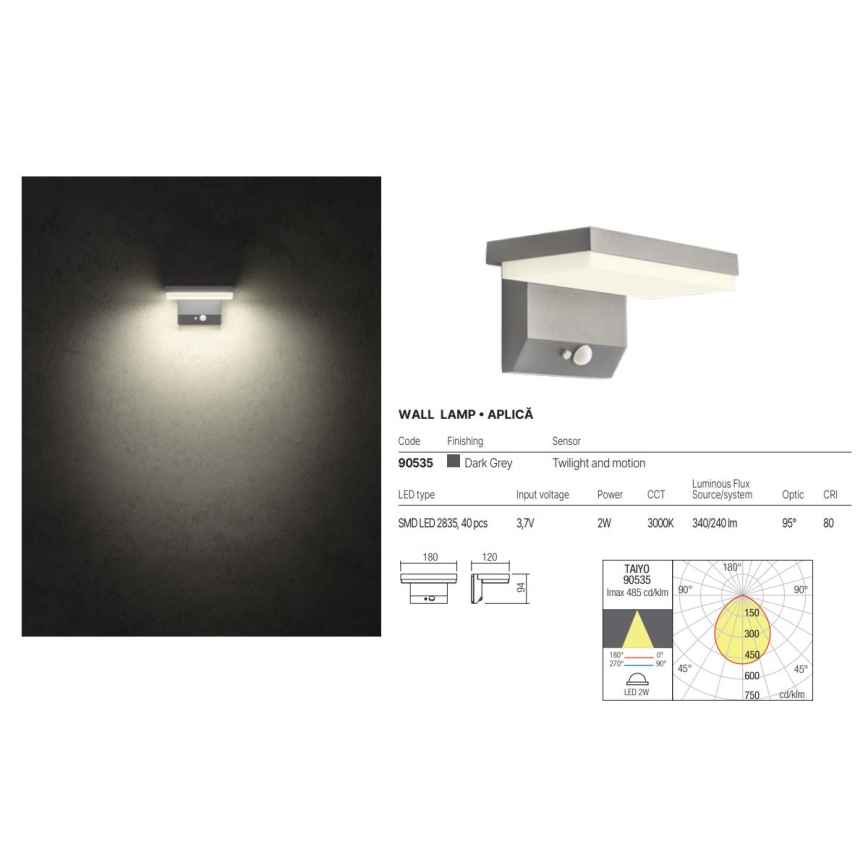 Redo 90535 - Applique murale solaire avec détecteur TAIYO LED/2W/3,7V 3000K 2200 mAh IP54 anthracite
