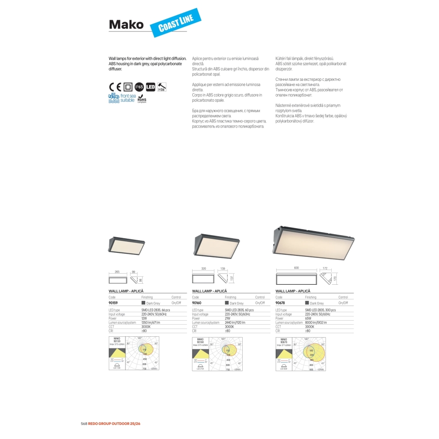 Redo 90678 - Applique murale d'extérieur LED MAKO LED/65W/230V 3000K IP65 anthracite