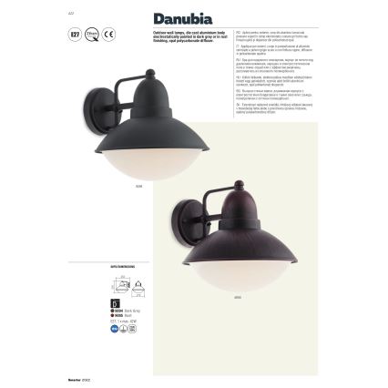 Redo 9095 - Applique murale extérieure DANUBIA 1xE27/42W/230V IP44