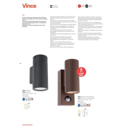 Redo 9453 - Applique murale LED extérieure avec détecteur VINCE 2xLED/3W/230V IP54 anthracite