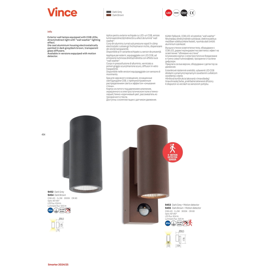 Redo 9455 - Applique murale d'extérieur LED VINCE avec capteur de mouvement 2xLED/3W/230V IP54 brune