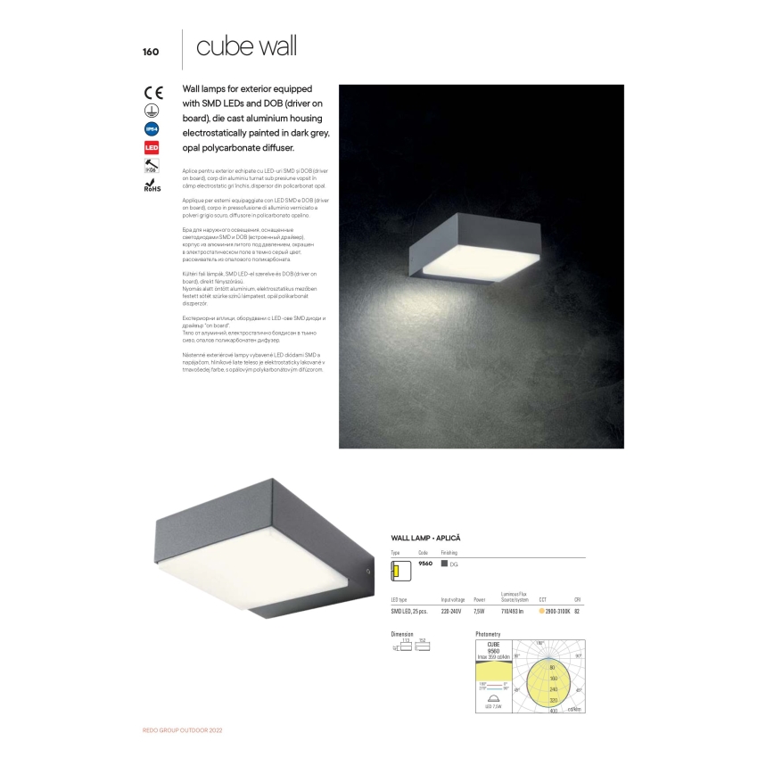 Redo 9560 - Applique murale extérieure CUBE LED/7W/230V 3000K IP54 anthracite
