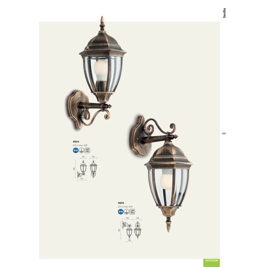 Redo 9605 - Applique murale extérieure SEVILLA 1xE27/42W/230V IP44 doré/patine