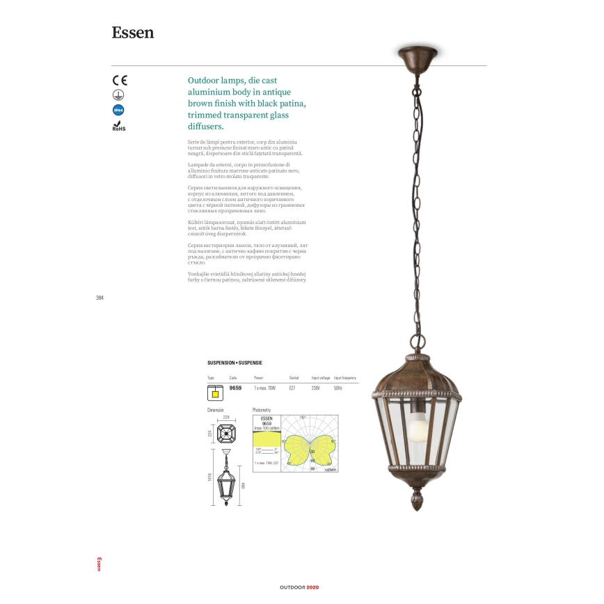 Redo 9656 - Applique murale extérieure ESSEN 1xE27/70W/230V IP44 marron/patine