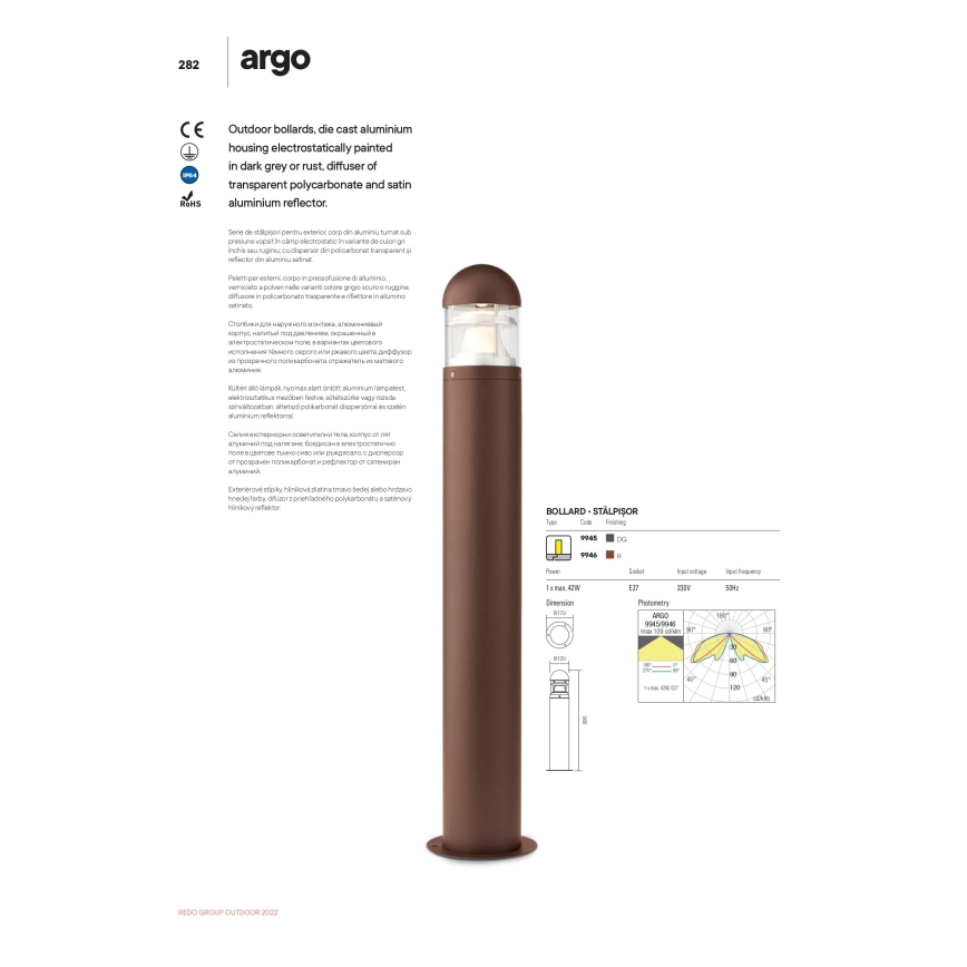 Redo 9946 - Lampadaire extérieur ARGO 1xE27/42W/230V IP54 marron