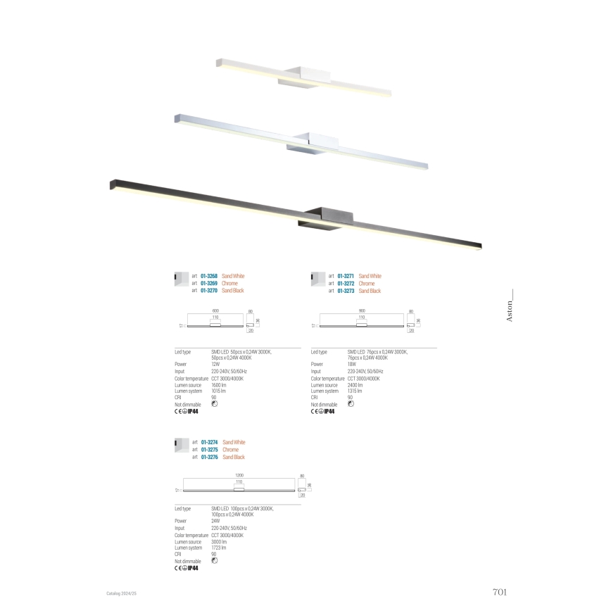 Redo01-3269 - Éclairage de miroir salle de bain ASTON LED/12W/230V 60 cm CRI 90 IP44 chrome brillant