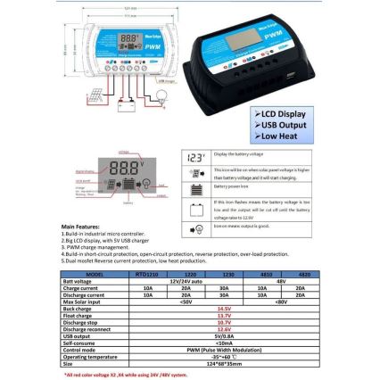 Régulateur de charge solaire PWM 12-24V/20A