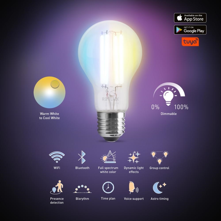 Ampoule à intensité variable LED FILAMENT A60 E27/7W/230V 2700-6500K Wi-Fi Tuya