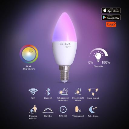 Ampoule à intensité variable LED RGBW C37 E14/4,5W/230V 2700-6500K Wi-Fi Tuya