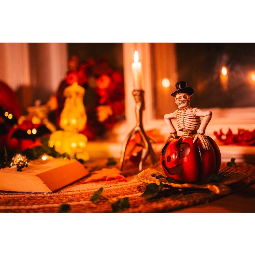 Décoration HALLOWEEN LED/2xLR44/blanc chaud squelette dans une citrouille résine