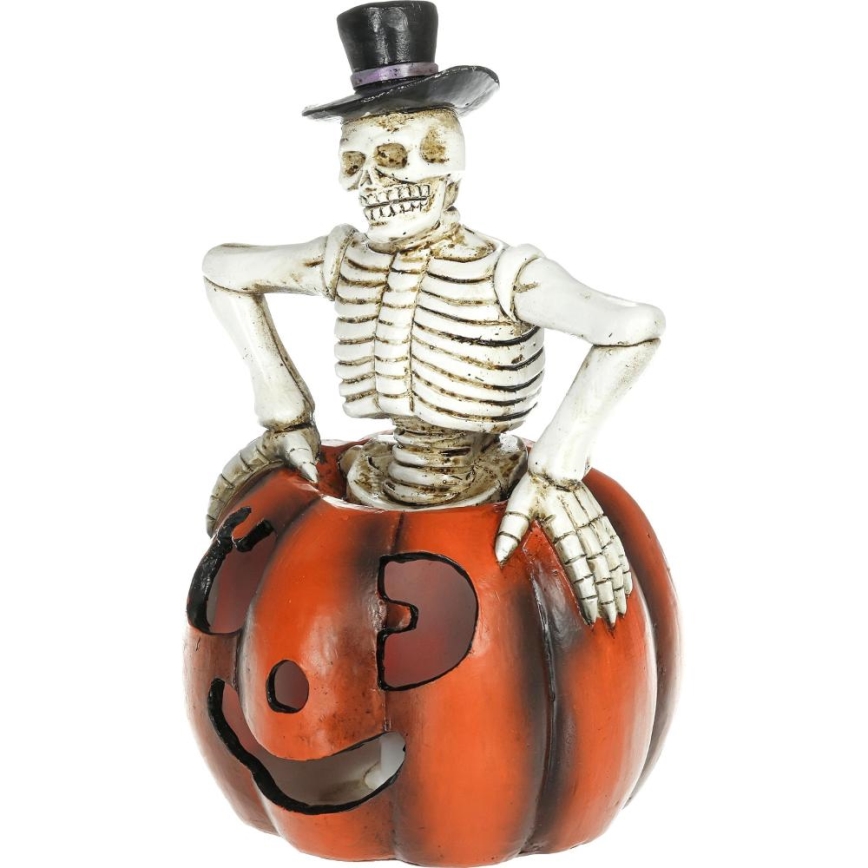 Décoration HALLOWEEN LED/2xLR44/blanc chaud squelette dans une citrouille résine