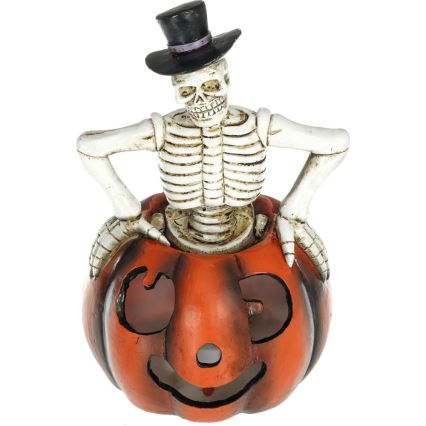 Décoration HALLOWEEN LED/2xLR44/blanc chaud squelette dans une citrouille résine