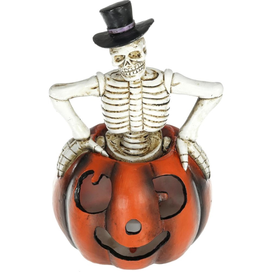 Décoration HALLOWEEN LED/2xLR44/blanc chaud squelette dans une citrouille résine