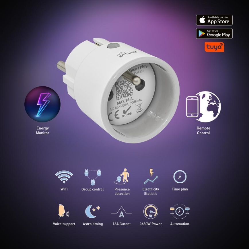 Prise connectée 3680W/230V/Type E/16A Wi-Fi Tuya