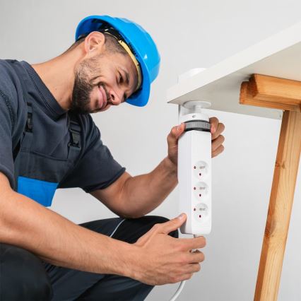 Multiprise à pince pour bureau, 3 prises (type E) + 2 ports USB-A + 1 port USB-C, 1,5 m, blanc