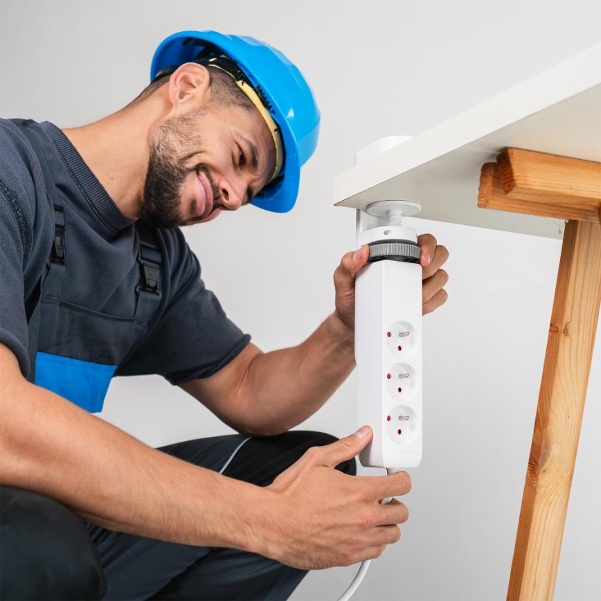 Multiprise à pince pour bureau, 3 prises (type E) + 2 ports USB-A + 1 port USB-C, 1,5 m, blanc