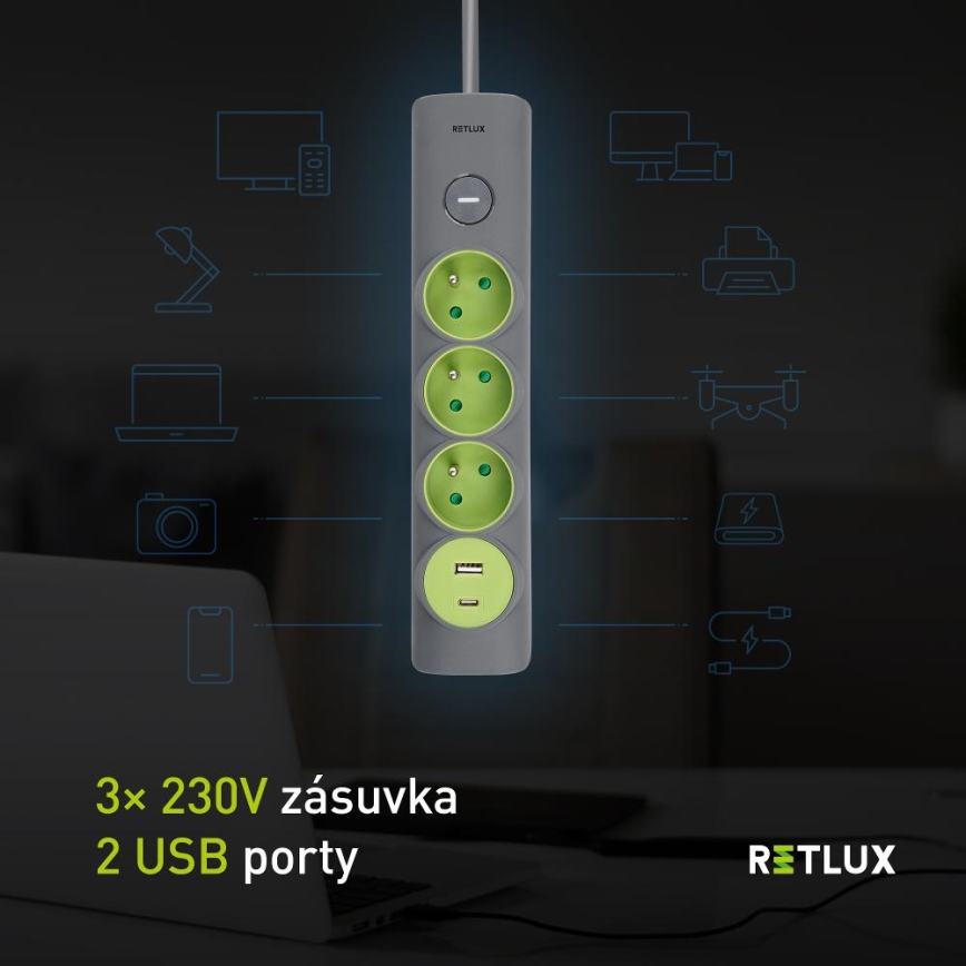 Retlux - Rallonge multiprise 3 prises Type E avec interrupteur + 1x USB-A + 1x USB-C, 1,4 m, gris
