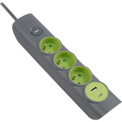 Retlux - Rallonge multiprise 3 prises Type E avec interrupteur + 1x USB-A + 1x USB-C, 1,4 m, gris