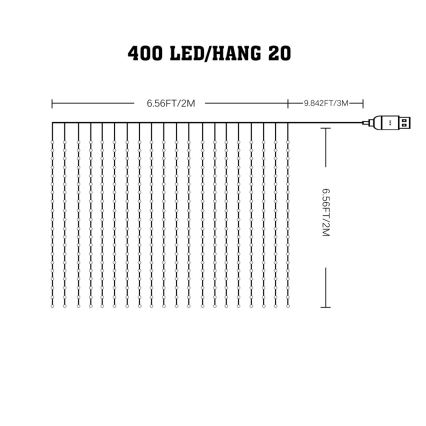 Rideau LED RGB dimmable WIZARD 400xLED/USB 2x2m + télécommande