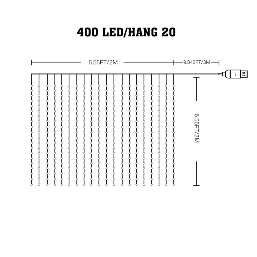 Rideau LED RGB dimmable WIZARD 400xLED/USB 2x2m + télécommande