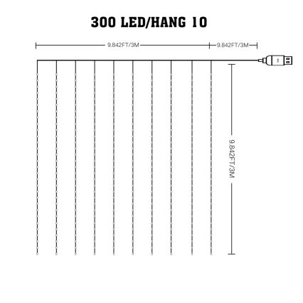 Rideau lumineux de Noël LED RGB dimmable WIZARD 300xLED/USB 3x3m + télécommande