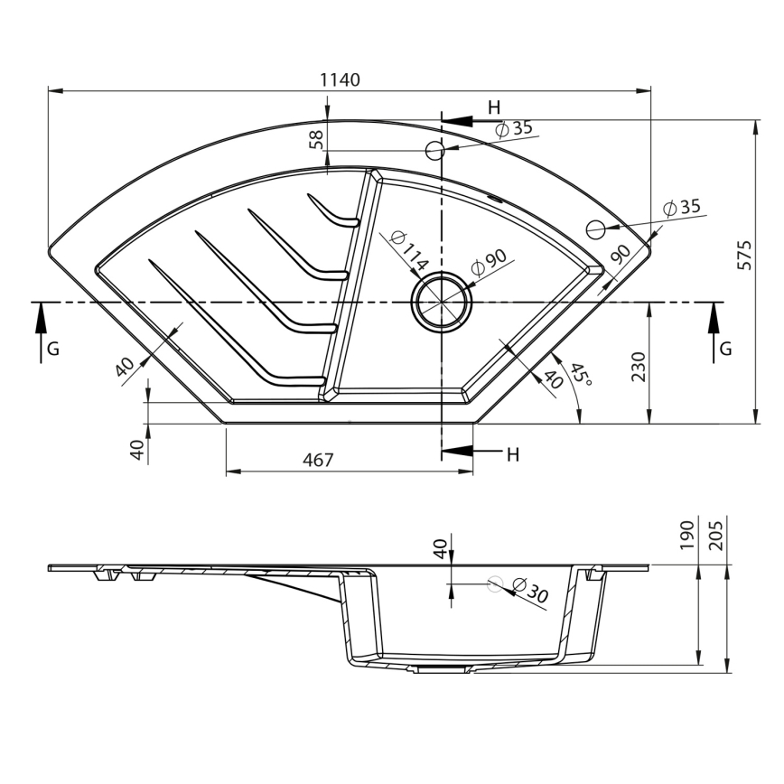 Sapho - Évier d'angle de cuisine 114 x 57,5 cm en granit, noir