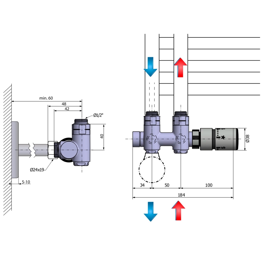Sapho - Kit thermostatique de raccordement pour raccordement central TWIN COMBI, version droite / inox mat