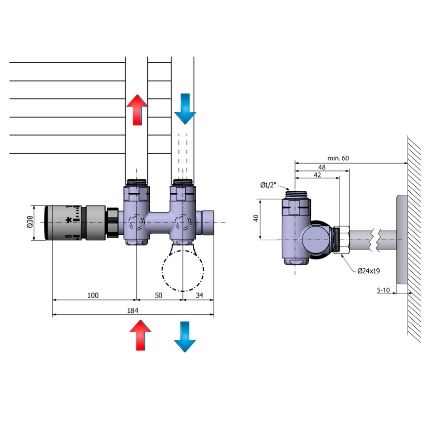 Sapho - Kit de raccordement thermostatique pour raccordement central TWIN COMBI gauche/inox mat