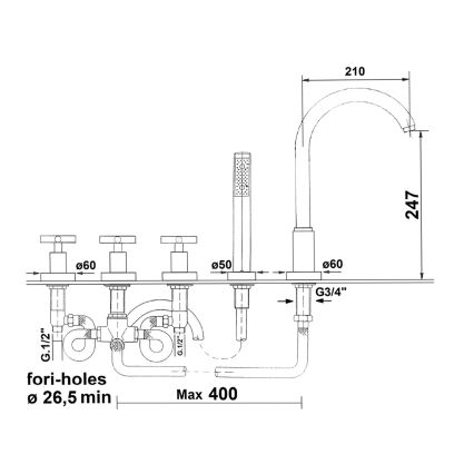 Sapho - Mitigeur 5 trous pour baignoire AXIA chrome brillant