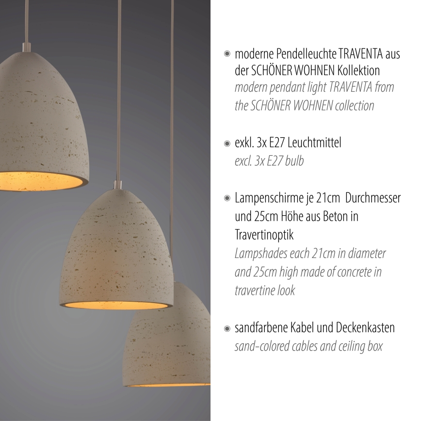 Schöner Wohnen 12541-42 - Suspension sur câble TRAVENTA 3 x E27 / 40 W / 230 V béton