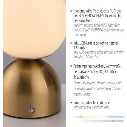 Schöner Wohnen 19218-12 - Lampe de table LED RUDI, rechargeable, dimmable et à commande tactile, LED 1,2W/5V, 3000–6000K, 1200 mAh, dorée
