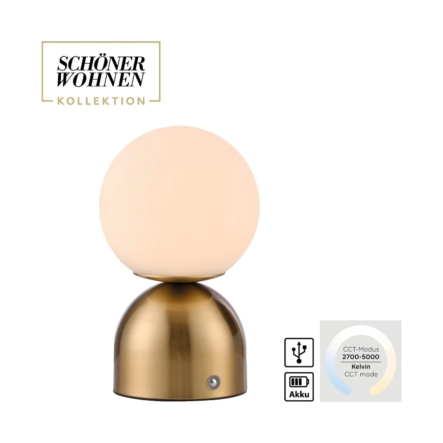 Schöner Wohnen 19218-12 - Lampe de table LED RUDI, rechargeable, dimmable et à commande tactile, LED 1,2W/5V, 3000–6000K, 1200 mAh, dorée