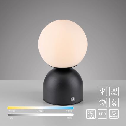 Schöner Wohnen 19218-18 - Lampe de table tactile et dimmable rechargeable RUDI LED/1,2W/5V 3000-6000K 1200 mAh noire