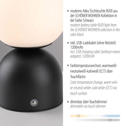 Schöner Wohnen 19218-18 - Lampe de table tactile et dimmable rechargeable RUDI LED/1,2W/5V 3000-6000K 1200 mAh noire