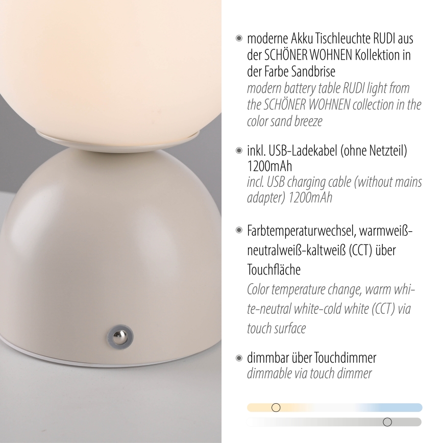 Schöner Wohnen 19218-39 - lampe de table LED tactile dimmable et rechargeable RUDI LED/1,2W/5V 3000-6000K 1200 mAh gris
