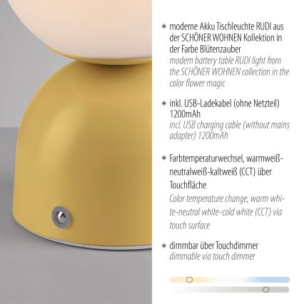 Schöner Wohnen 19218-81 - Lampe de bureau LED tactile rechargeable et dimmable RUDI LED/1,2W/5V 3000-6000K 1200 mAh jaune
