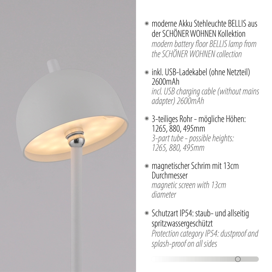 Schöner Wohnen 19245-16 - Lampe sur pied extérieure rechargeable à LED, tactile et dimmable BELLIS LED/2,5W/5V 2600 mAh IP54 blanche