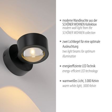 Schöner Wohnen 19331-18 - Applique murale LED CHIA 2xLED/2W/230V noire