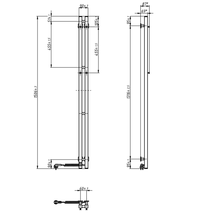 Sèche-serviette électrique avec thermostat SILOUETTE 106W 150x9cm blanc droit