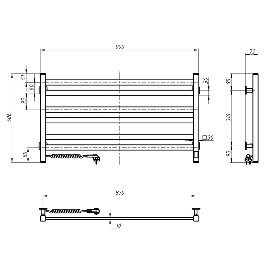 Sèche-serviettes électrique AVANGARD 181W 50x90 cm avec thermostat, noir, version gauche