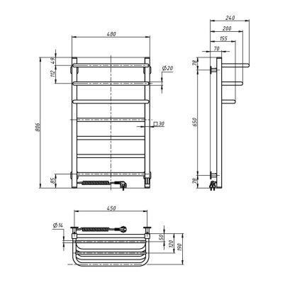Sèche-serviettes électrique avec thermostat FORTIS 155 W 80 x 48 cm IP44, noir, version droite