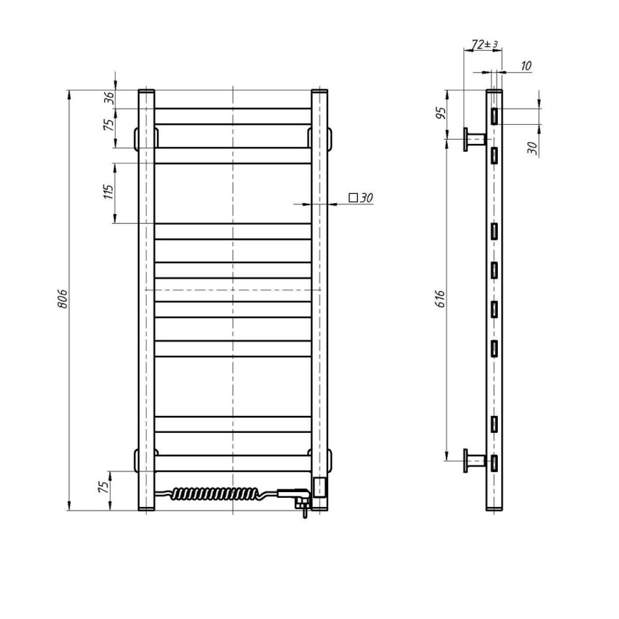Radiateur sèche-serviettes pour salle de bains AVANGARD, avec thermostat, 251W/230V, 80,6cm, IP44, noir, côté droit, à profil carré