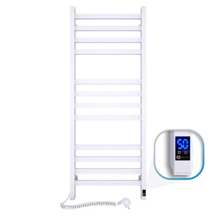 Radiateur sèche-serviettes pour salle de bains AVANGARD avec thermostat 459W/230V, 120,6 cm, IP44, blanc, raccordement gauche, profil carré