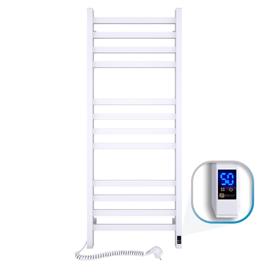 Radiateur sèche-serviettes pour salle de bains AVANGARD avec thermostat 459W/230V, 120,6 cm, IP44, blanc, raccordement gauche, profil carré