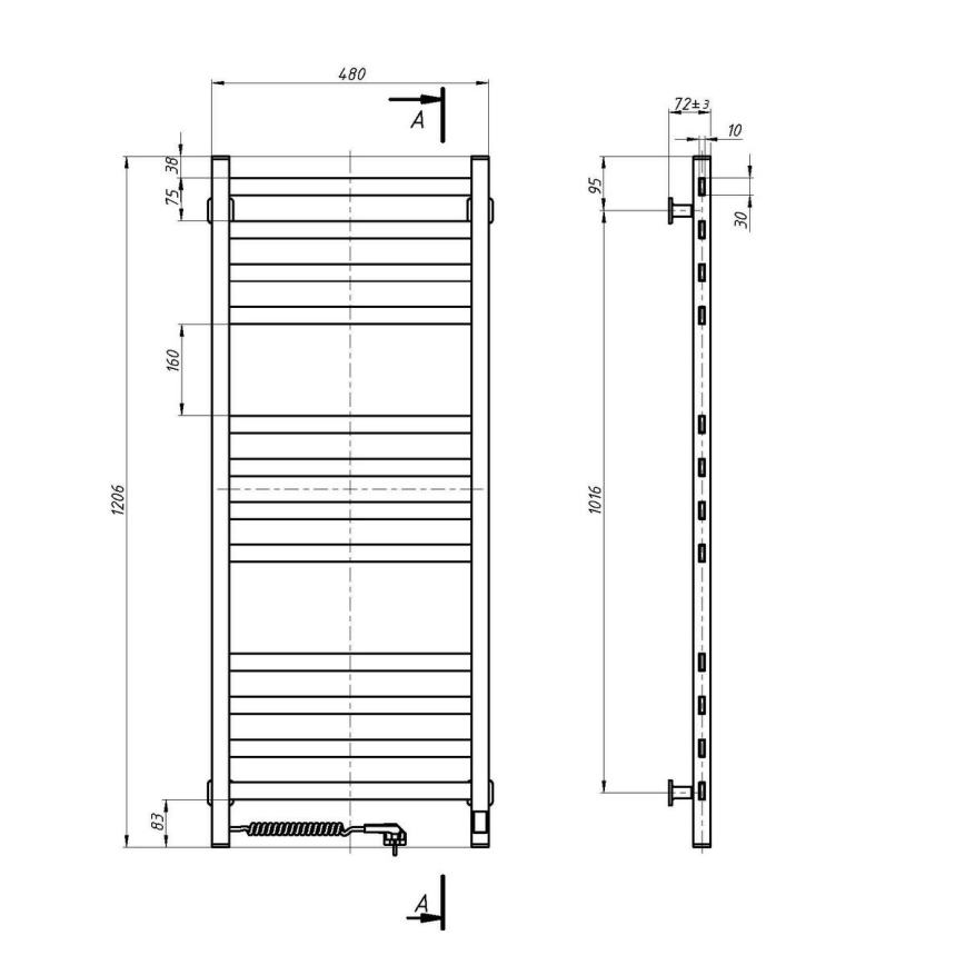 Radiateur sèche-serviettes pour salle de bains AVANGARD avec thermostat 459W/230V, 120,6 cm, IP44, blanc, raccordement gauche, profil carré