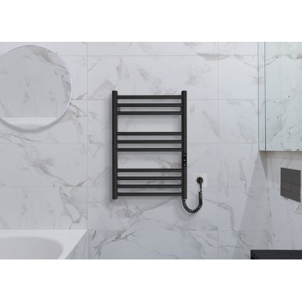 Sèche-serviettes en échelle pour salle de bains HF GREENWICH 100W/230V 57x43 cm noir, raccordement droit, profil rond