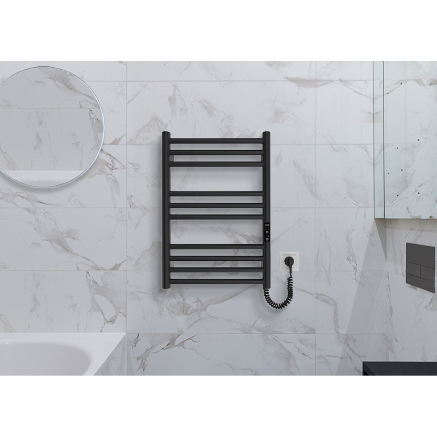 Sèche-serviettes en échelle pour salle de bains HF GREENWICH 100W/230V 57x43 cm noir, raccordement droit, profil rond